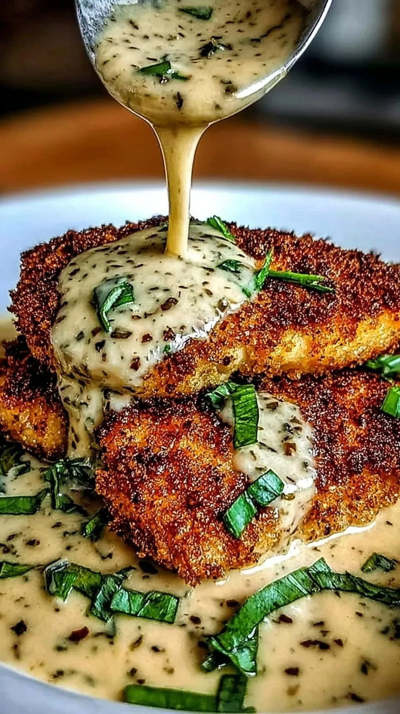 Golden brown Parmesan crusted chicken cutlets topped with a creamy white garlic sauce and fresh parsley in a black skillet.