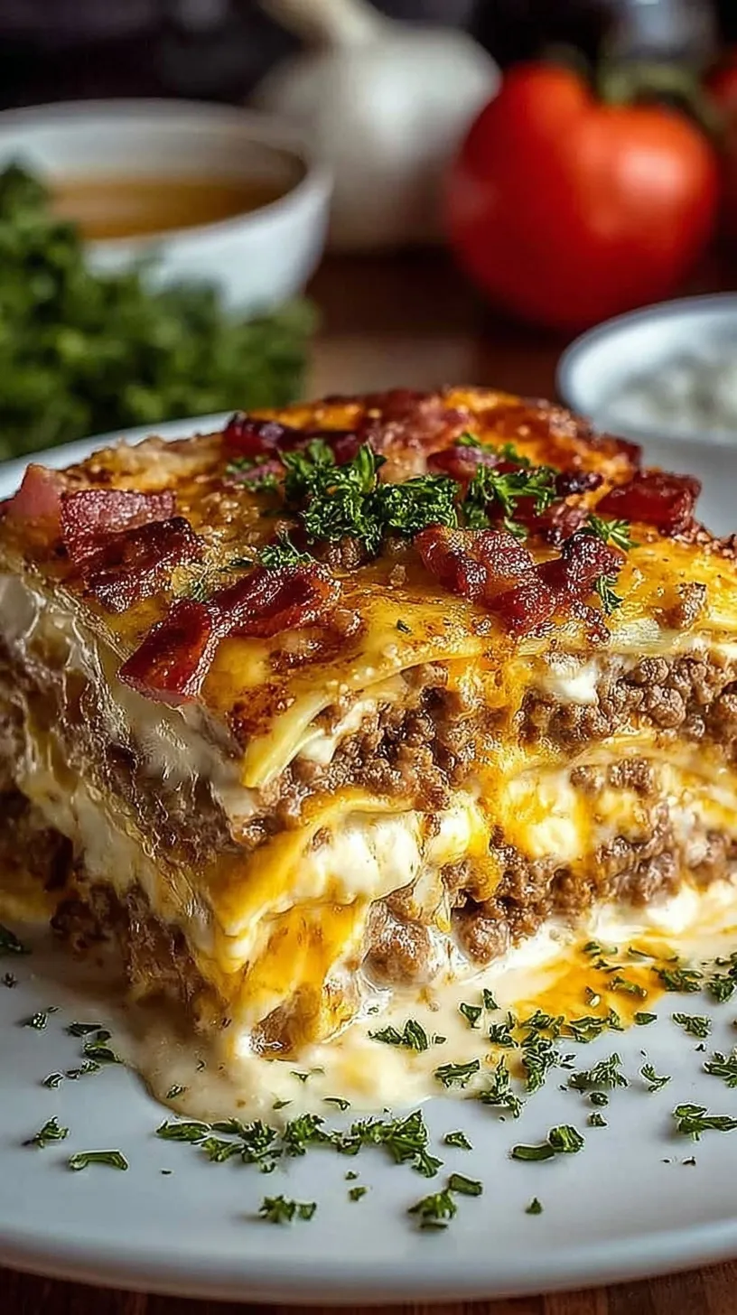 A close up shot of a cheesy lasagna slice with bacon bits and parsley