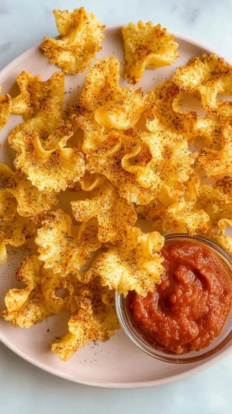 Golden brown crispy pasta chips seasoned with parmesan and herbs in a bowl