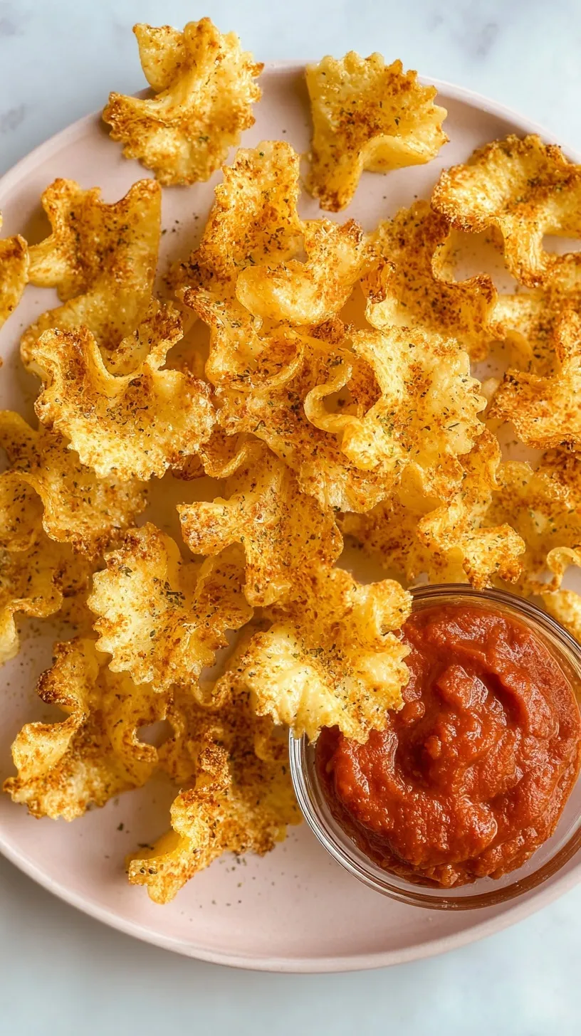 Golden brown crispy pasta chips seasoned with parmesan and herbs in a bowl