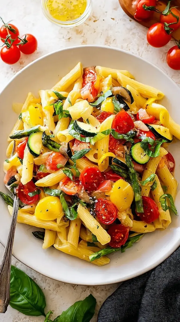 A colorful bowl of pasta primavera with broccoli, carrots, and zucchini in a light cream sauce