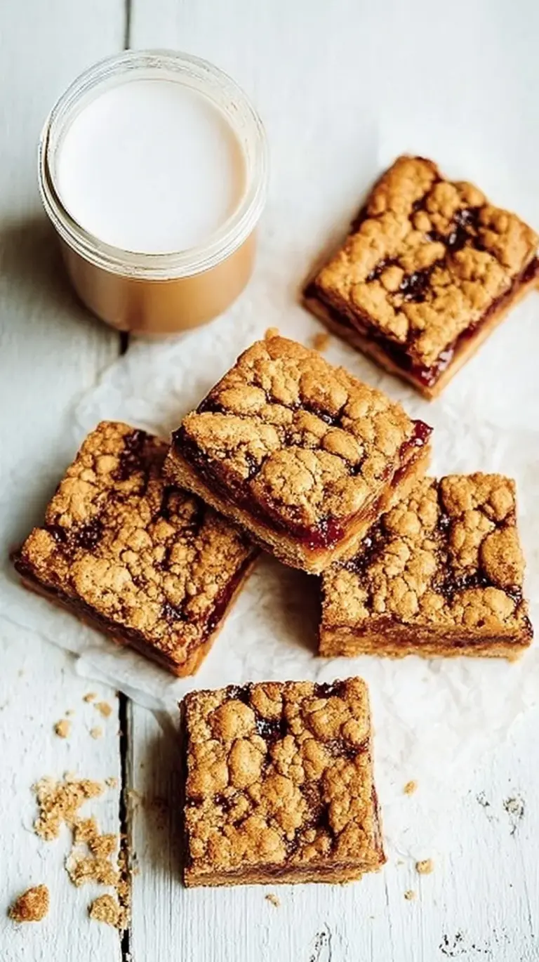 Golden brown peanut butter and jelly bars with a strawberry jam layer and oat crumble topping