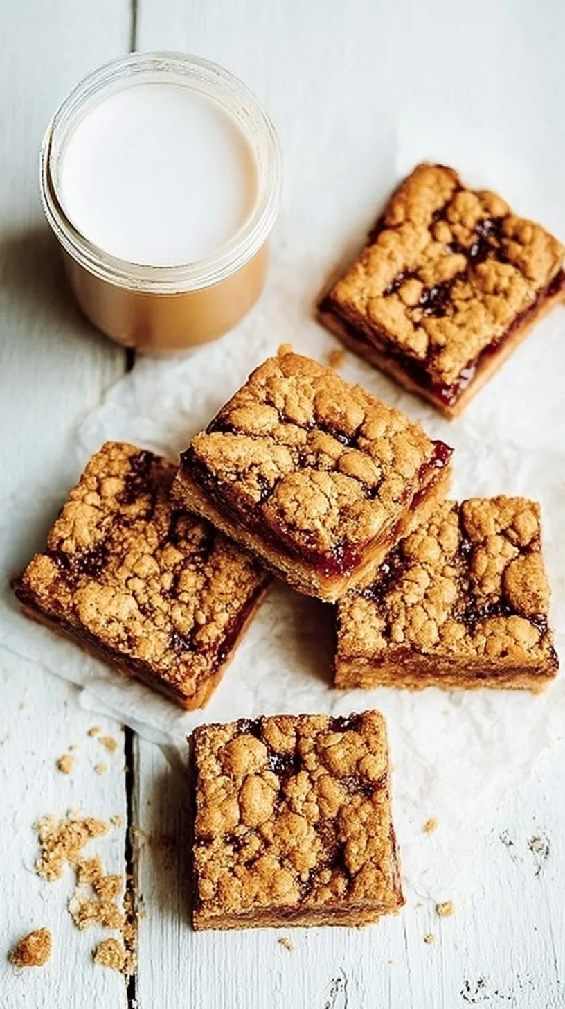Golden brown peanut butter and jelly bars with a strawberry jam layer and oat crumble topping
