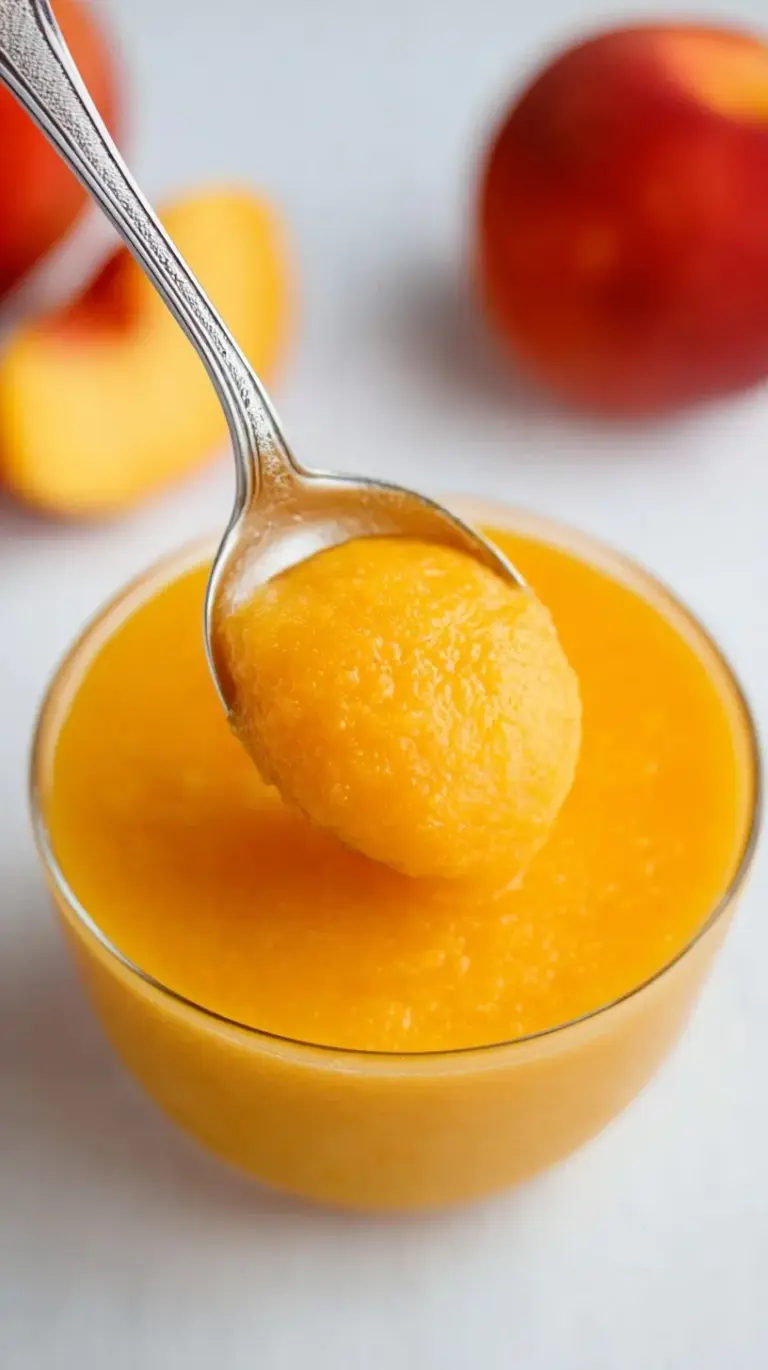 Smooth golden peach puree in a glass jar surrounded by fresh sliced peaches