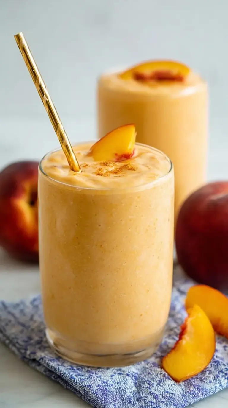 A tall glass of creamy peach smoothie with a fresh peach slice garnish on a sunny table.