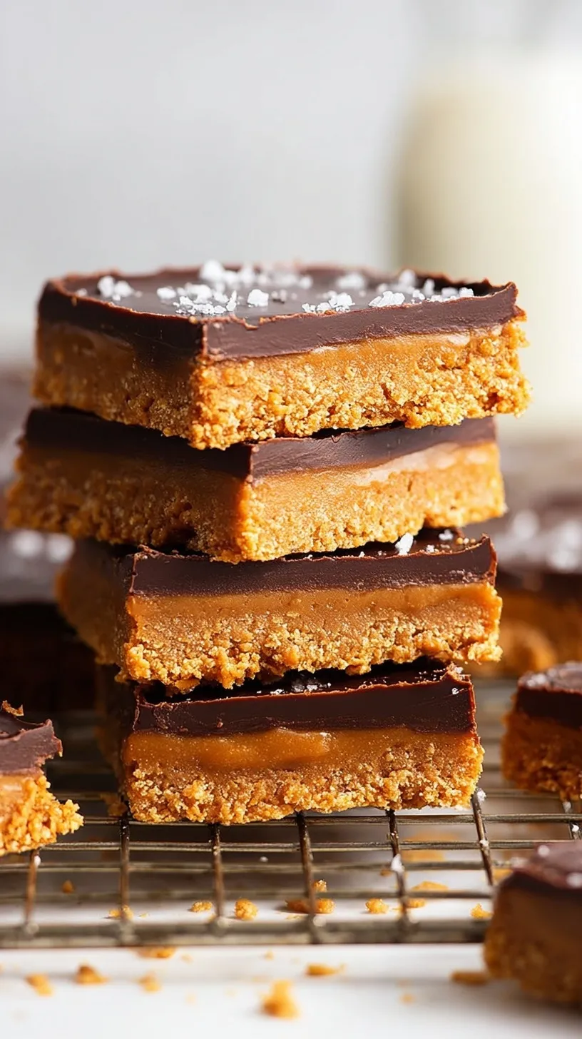 A stack of chilled no-bake peanut butter bars with a smooth chocolate ganache topping on a parchment-lined tray.