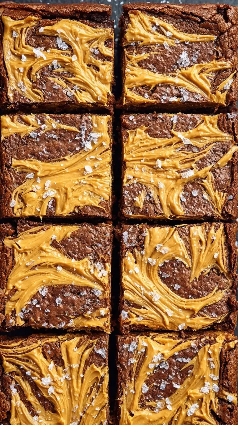 A stack of fudgy chocolate brownies with a creamy peanut butter swirl on top.