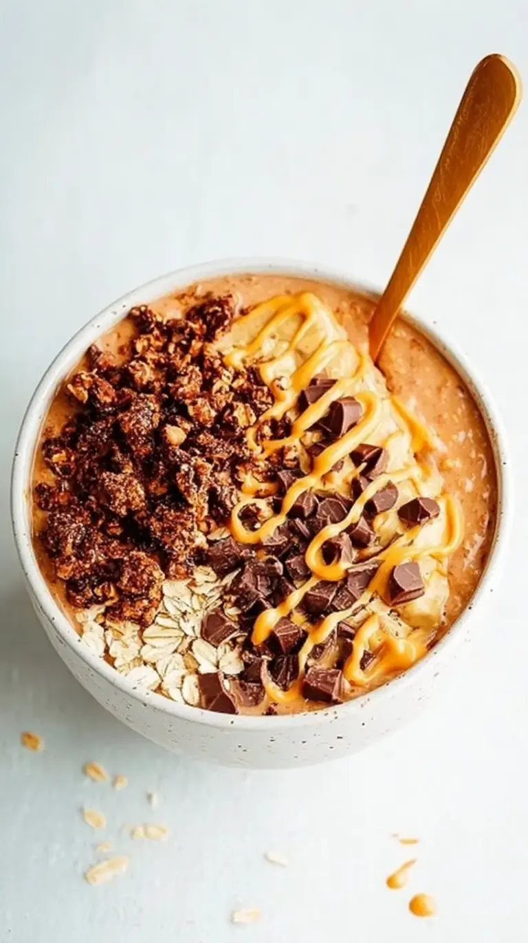 A glass jar filled with chocolate and peanut butter overnight oats topped with dark chocolate chips.