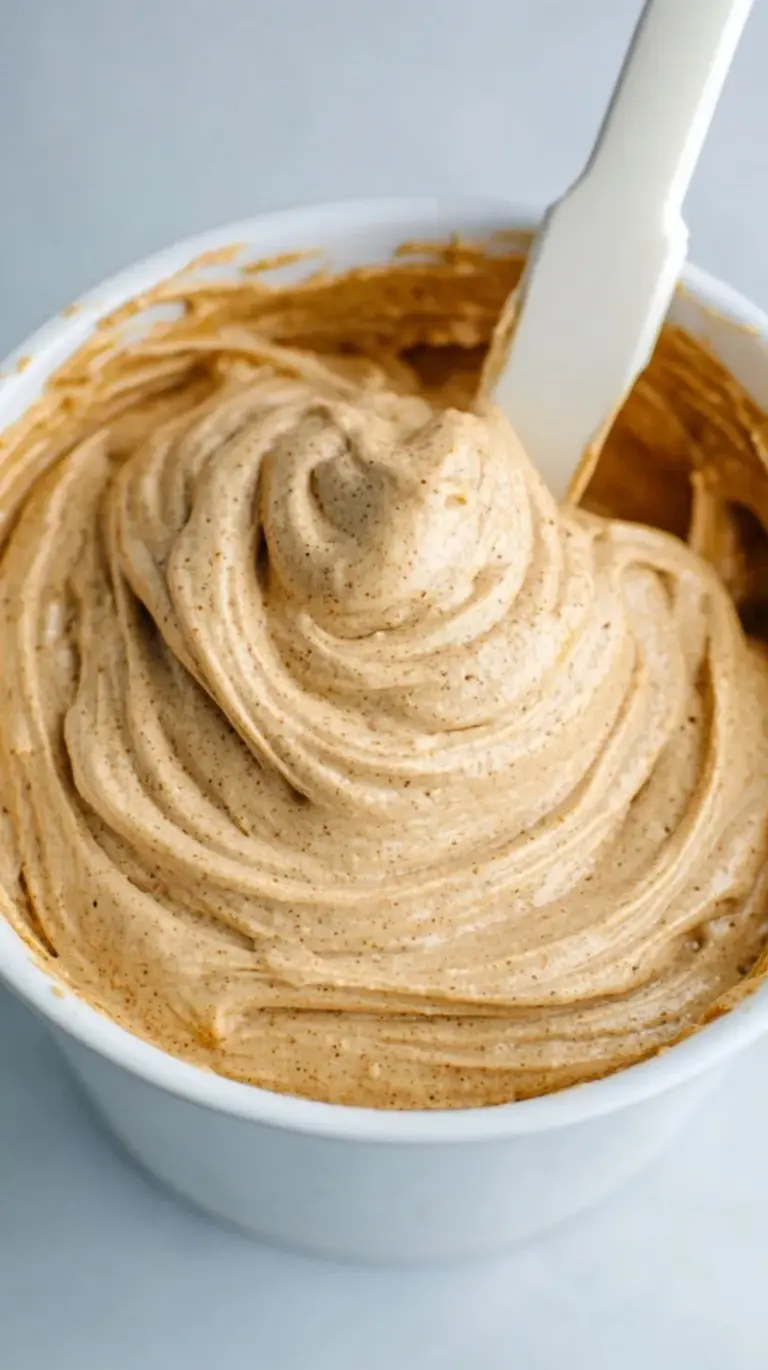 A bowl of fluffy peanut butter greek yogurt frosting with a swirl on top