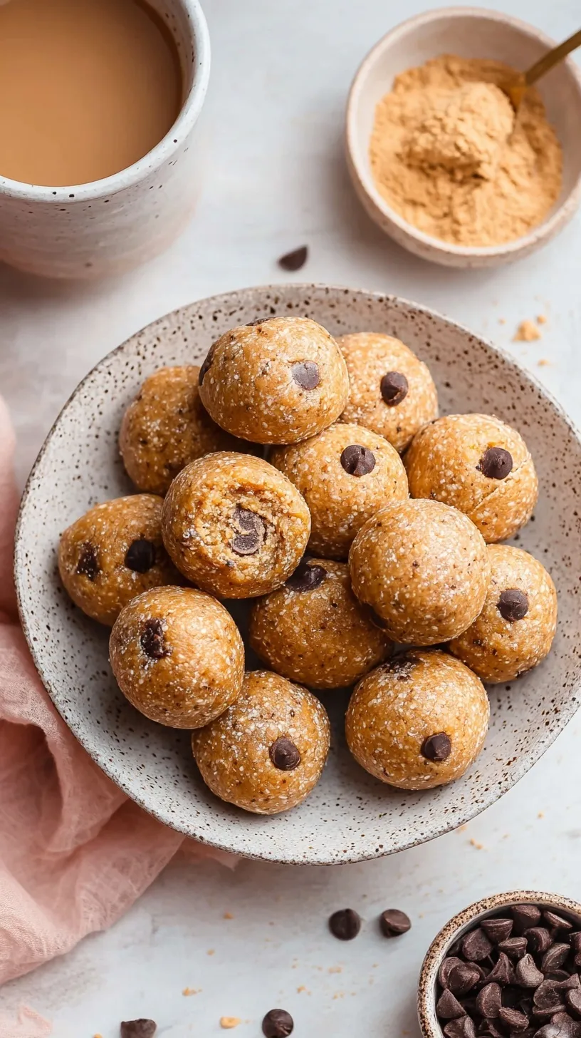 A plate of round peanut butter protein balls with dark chocolate chips