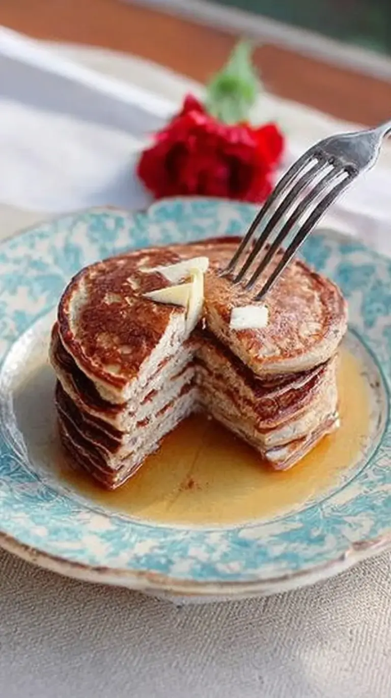 A stack of golden brown peanut flour pancakes on a white plate with fresh berries