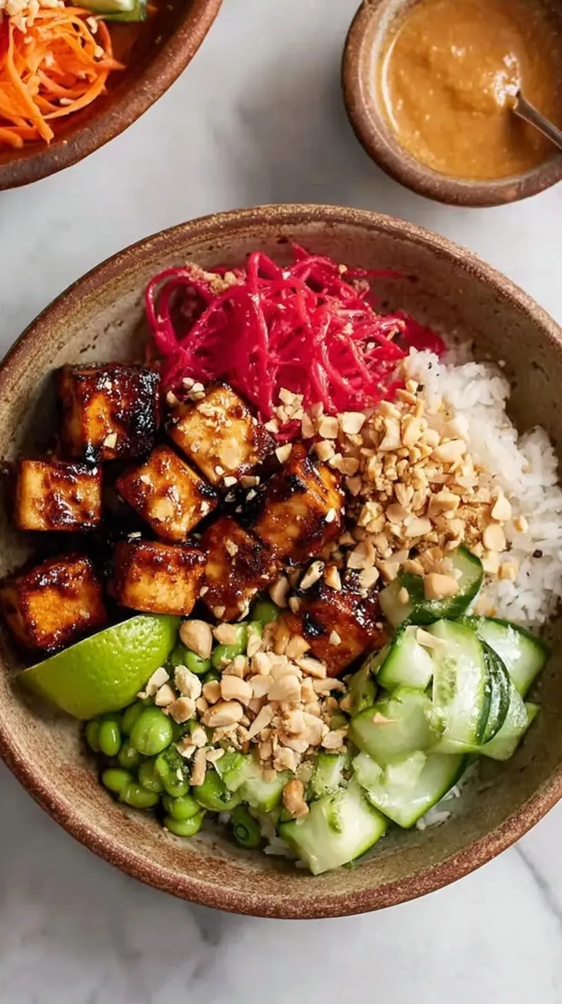 Golden crispy tofu cubes glazed in peanut sauce served over rice with broccoli and carrots in a white bowl.
