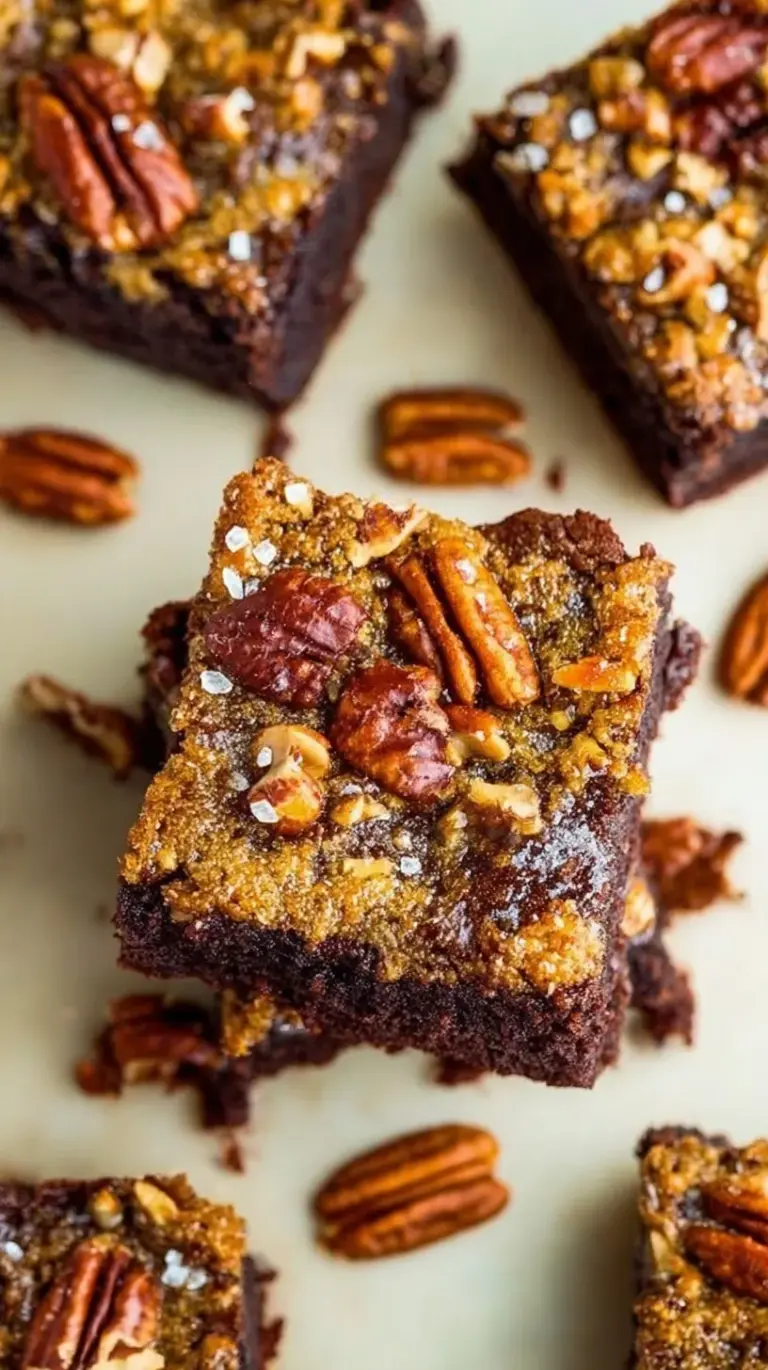 A stack of sliced pecan pie brownies showing the fudgy chocolate layer and caramelized pecan topping.