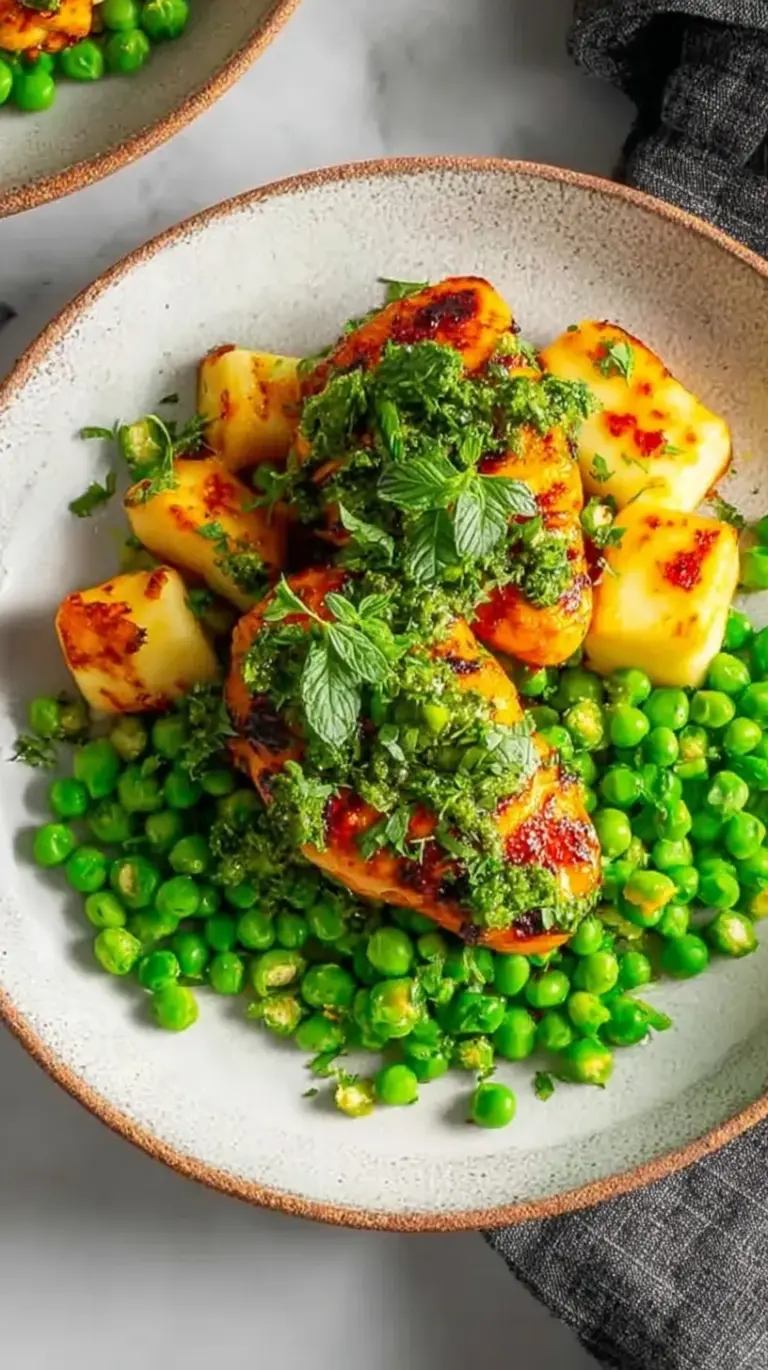 Grilled peri-peri chicken thighs served with golden halloumi slices and crushed green peas with mint and chili.