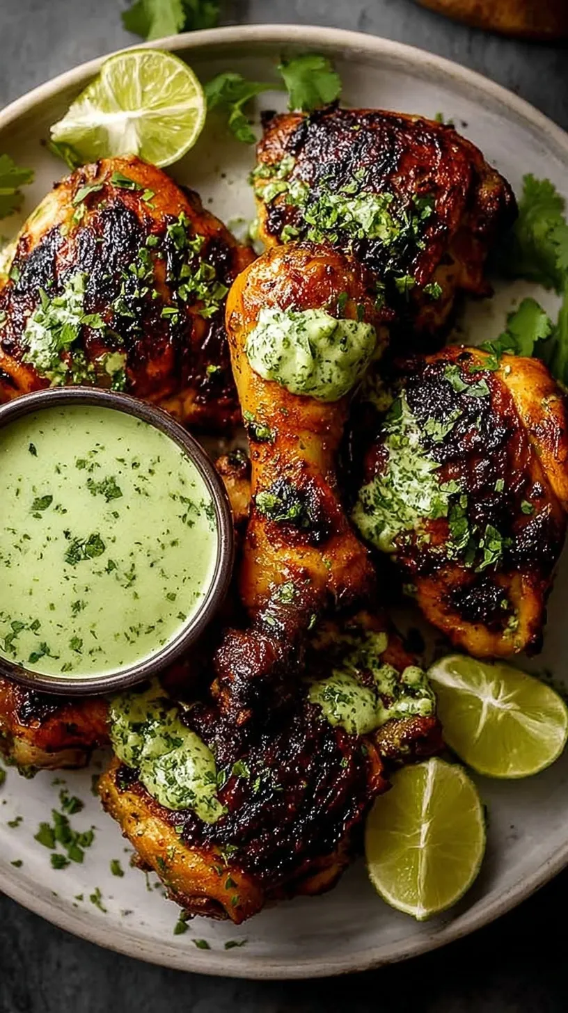 A golden roasted spatchcocked chicken on a platter with a bowl of vibrant green sauce.