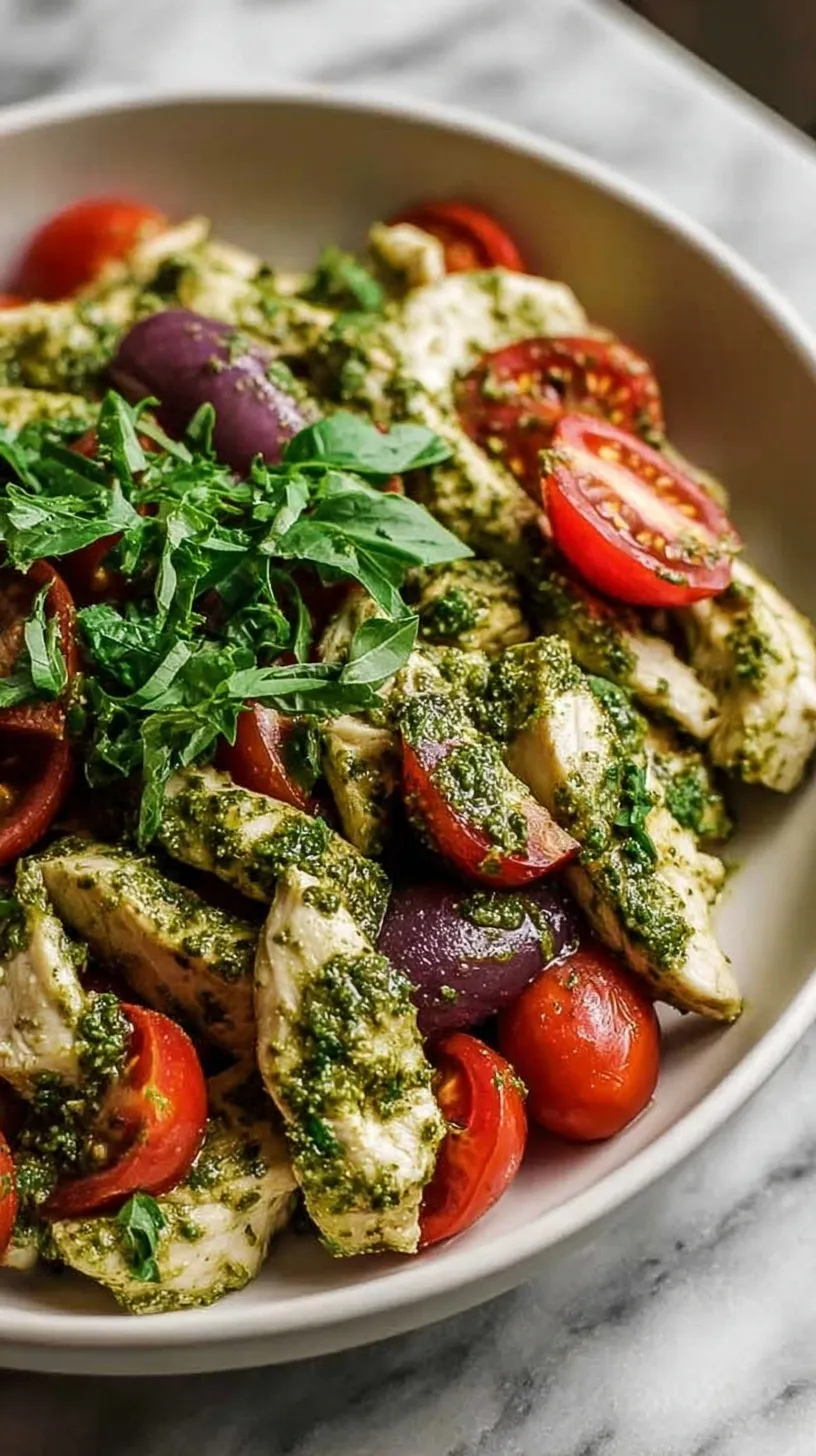 A bowl of creamy pesto chicken salad with cherry tomatoes and pine nuts