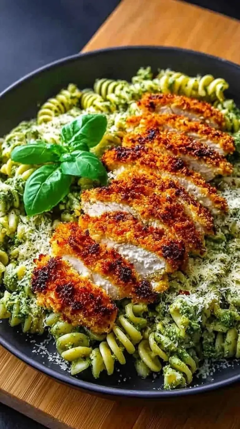 Golden crispy parmesan chicken sliced over a bed of green pesto pasta with shredded cheese