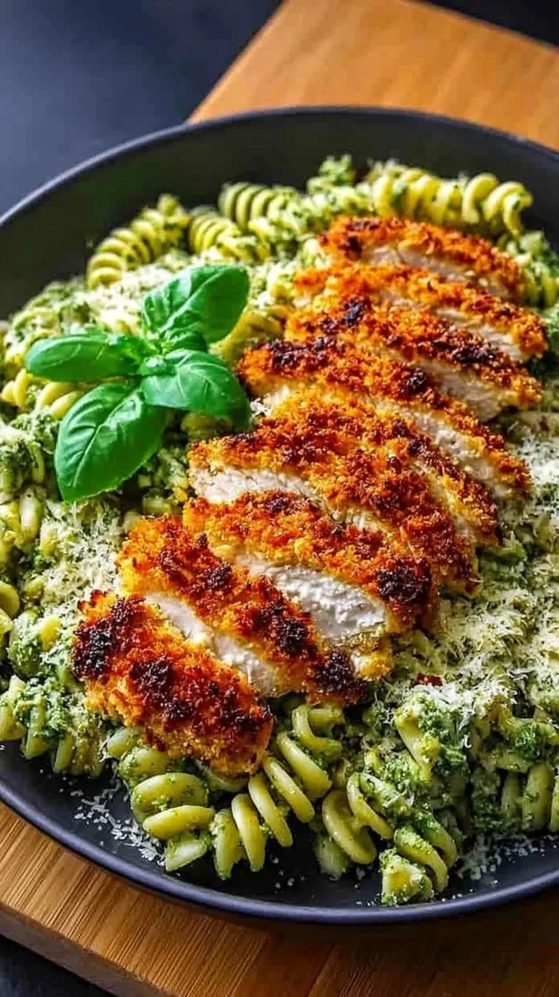 Golden crispy parmesan chicken sliced over a bed of green pesto pasta with shredded cheese
