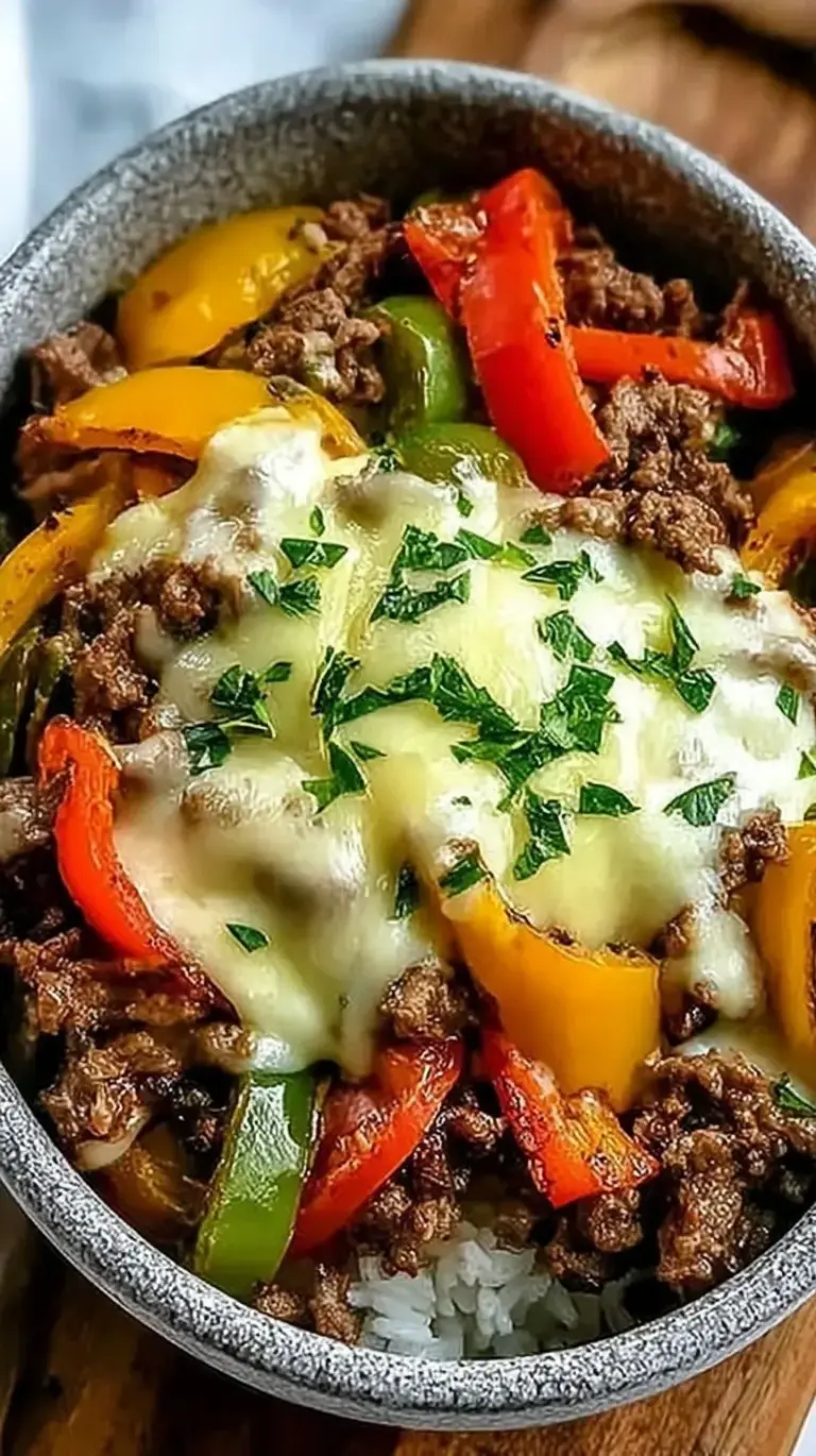 A savory bowl of seared ribeye steak, sautéed green peppers, and onions topped with melted provolone cheese.
