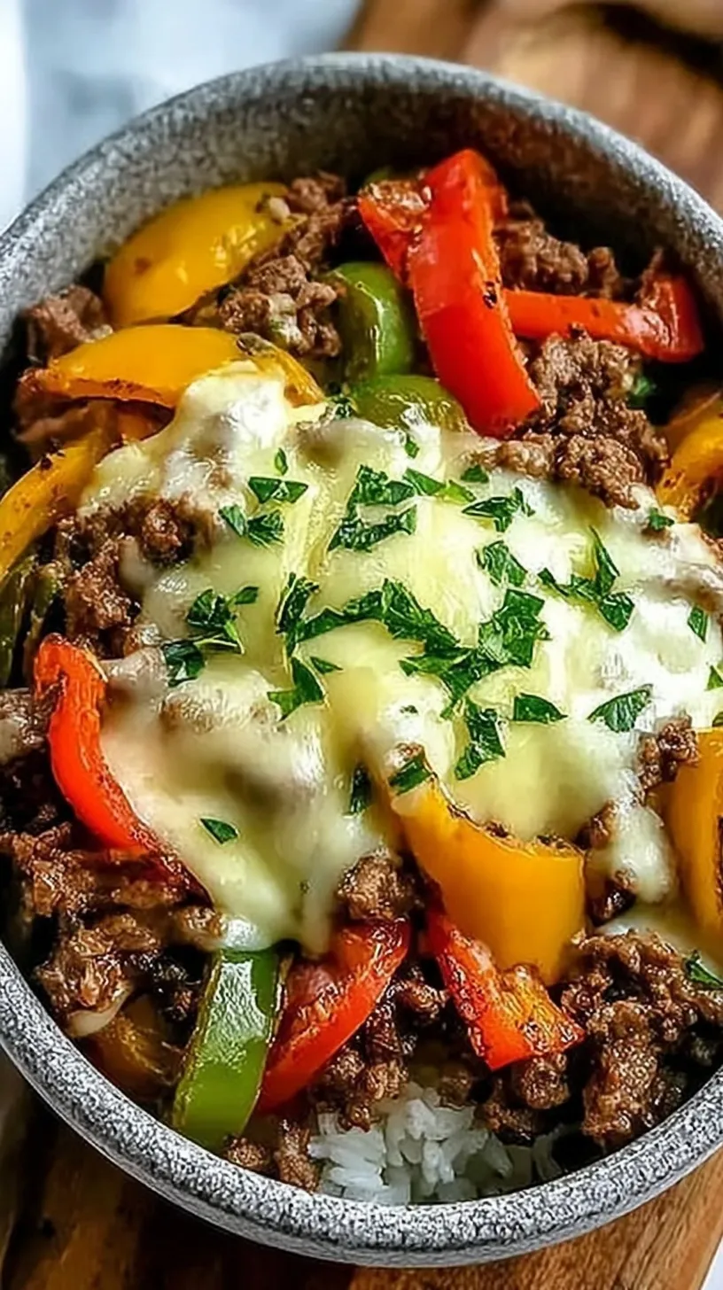 A savory bowl of seared ribeye steak, sautéed green peppers, and onions topped with melted provolone cheese.