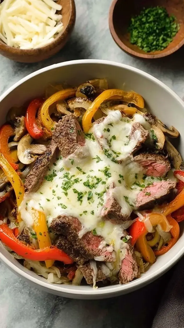 A cast iron skillet filled with thinly sliced seared steak, green peppers, onions, and melted provolone cheese.