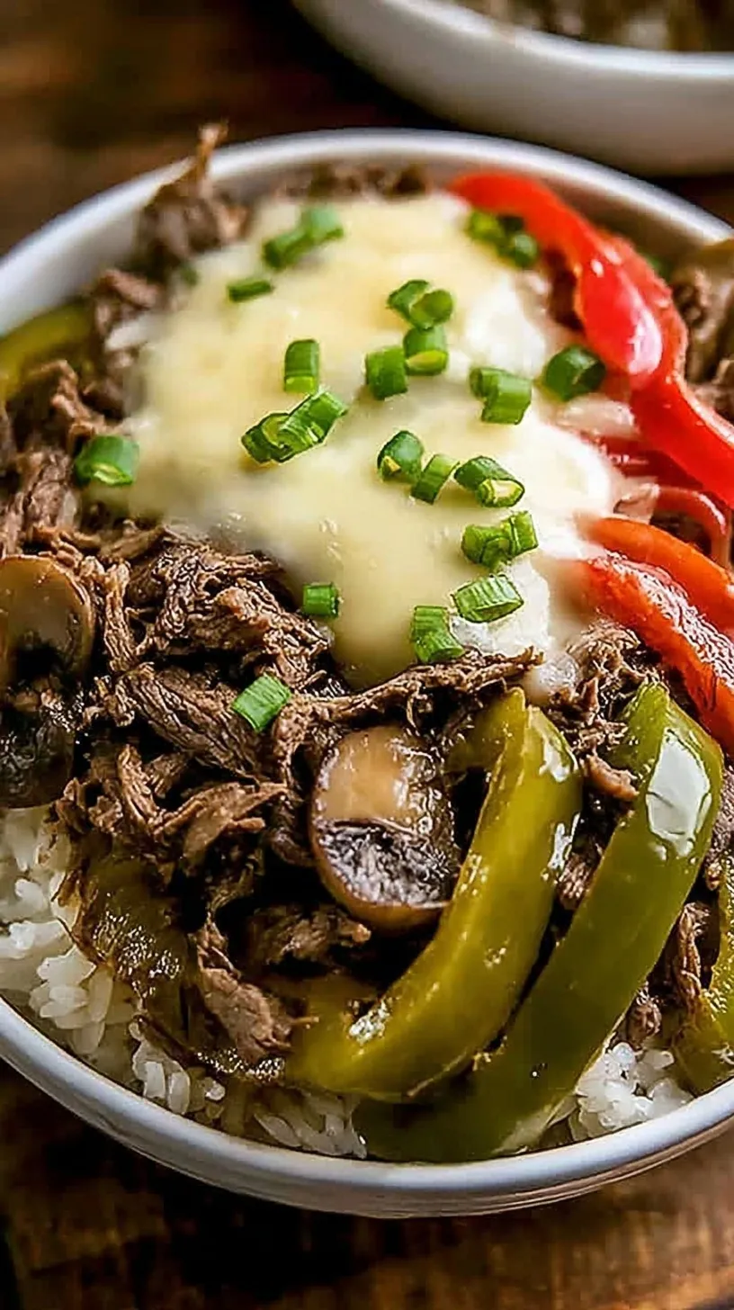 A close-up of a Philly Cheesesteak Bowl with thinly sliced ribeye, sautéed green peppers, and melted provolone cheese over cauliflower rice.