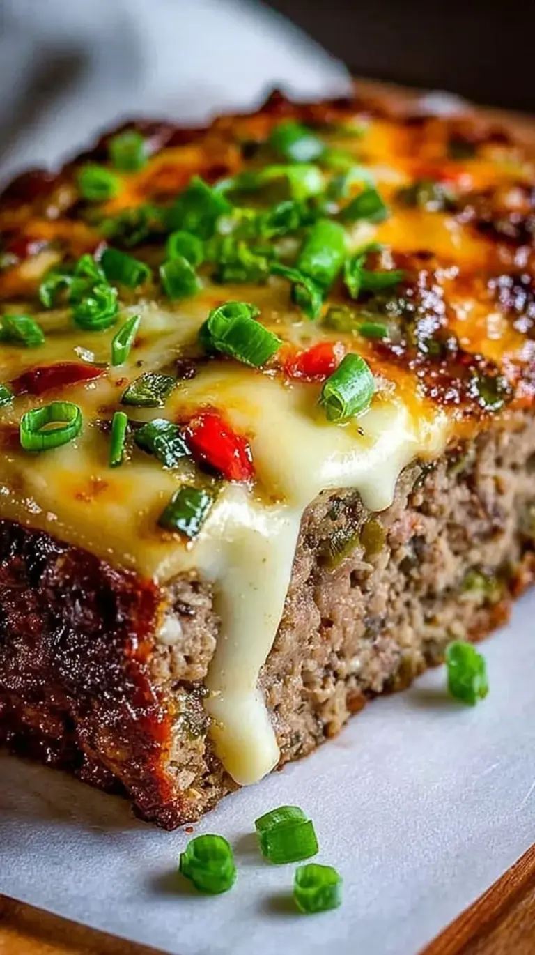 A sliced Philly cheesesteak meatloaf showing a melted provolone cheese center and green bell peppers.