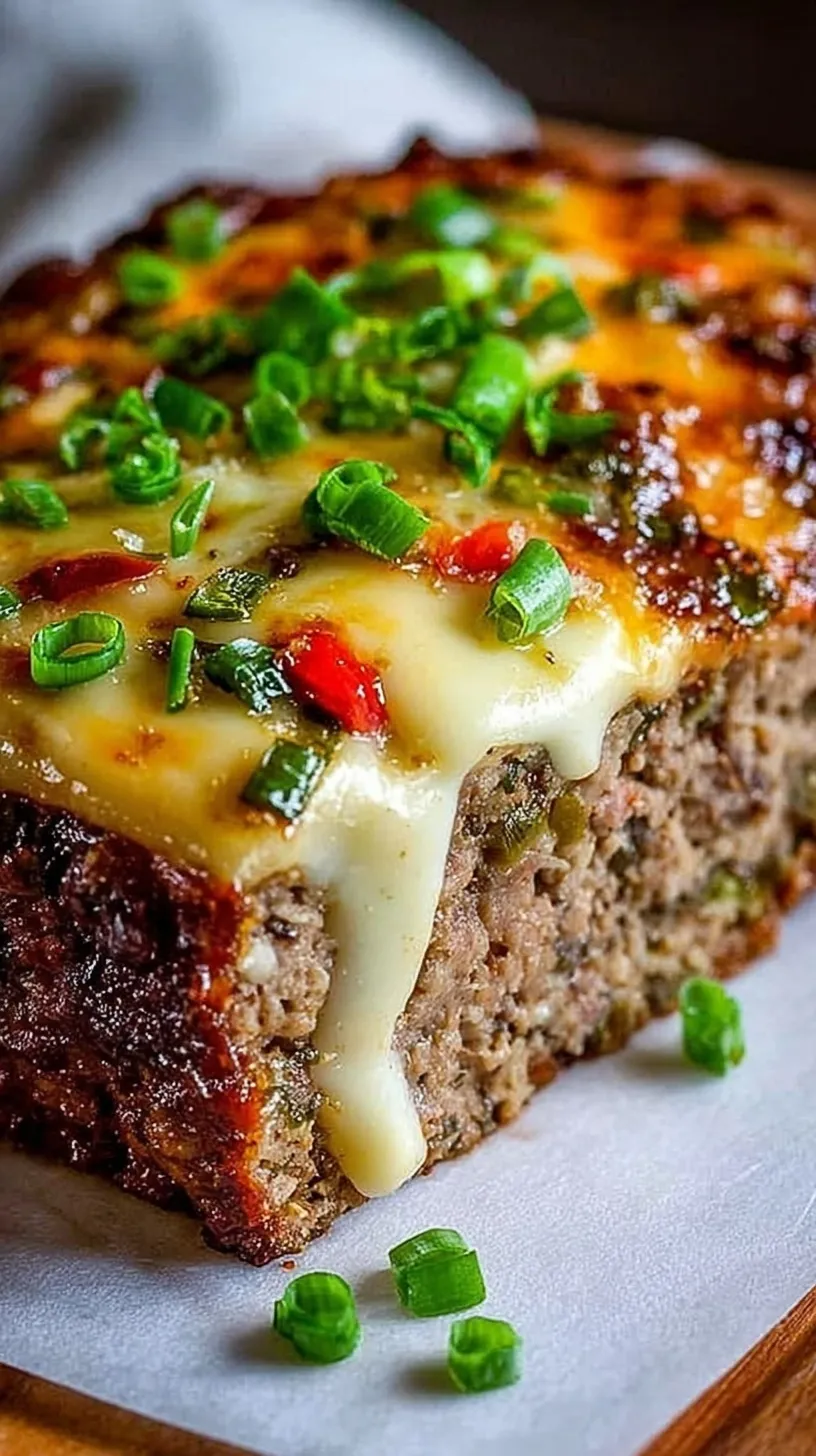 A sliced Philly cheesesteak meatloaf showing a melted provolone cheese center and green bell peppers.