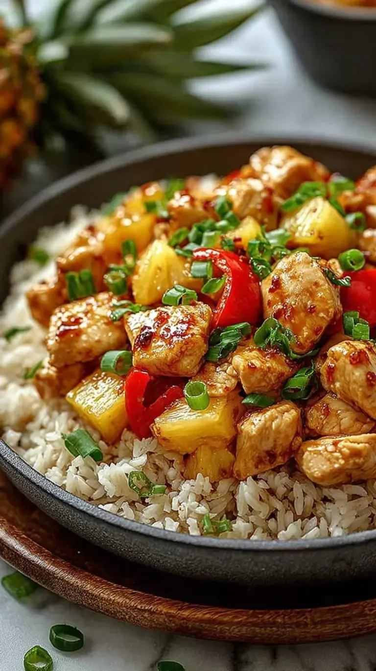 A bowl of Pineapple Chicken and Rice with bell peppers and green onion garnish
