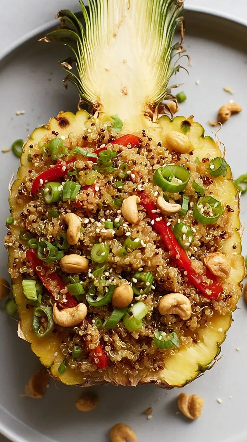 A colorful bowl of pineapple fried quinoa with cashews and green onions