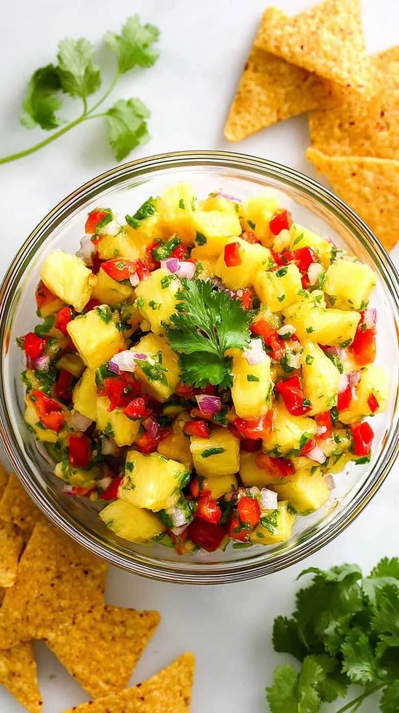 A colorful bowl of fresh pineapple salsa with red onion and cilantro