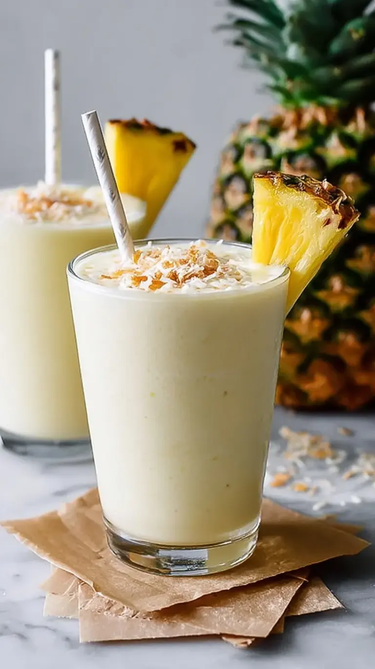 A tall glass of creamy pineapple smoothie with a straw on a bright summer table