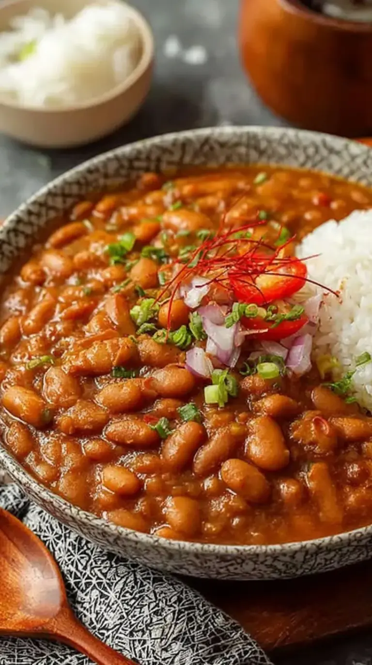 A steaming bowl of Japanese pinto bean stew with carrots and shiitake mushrooms