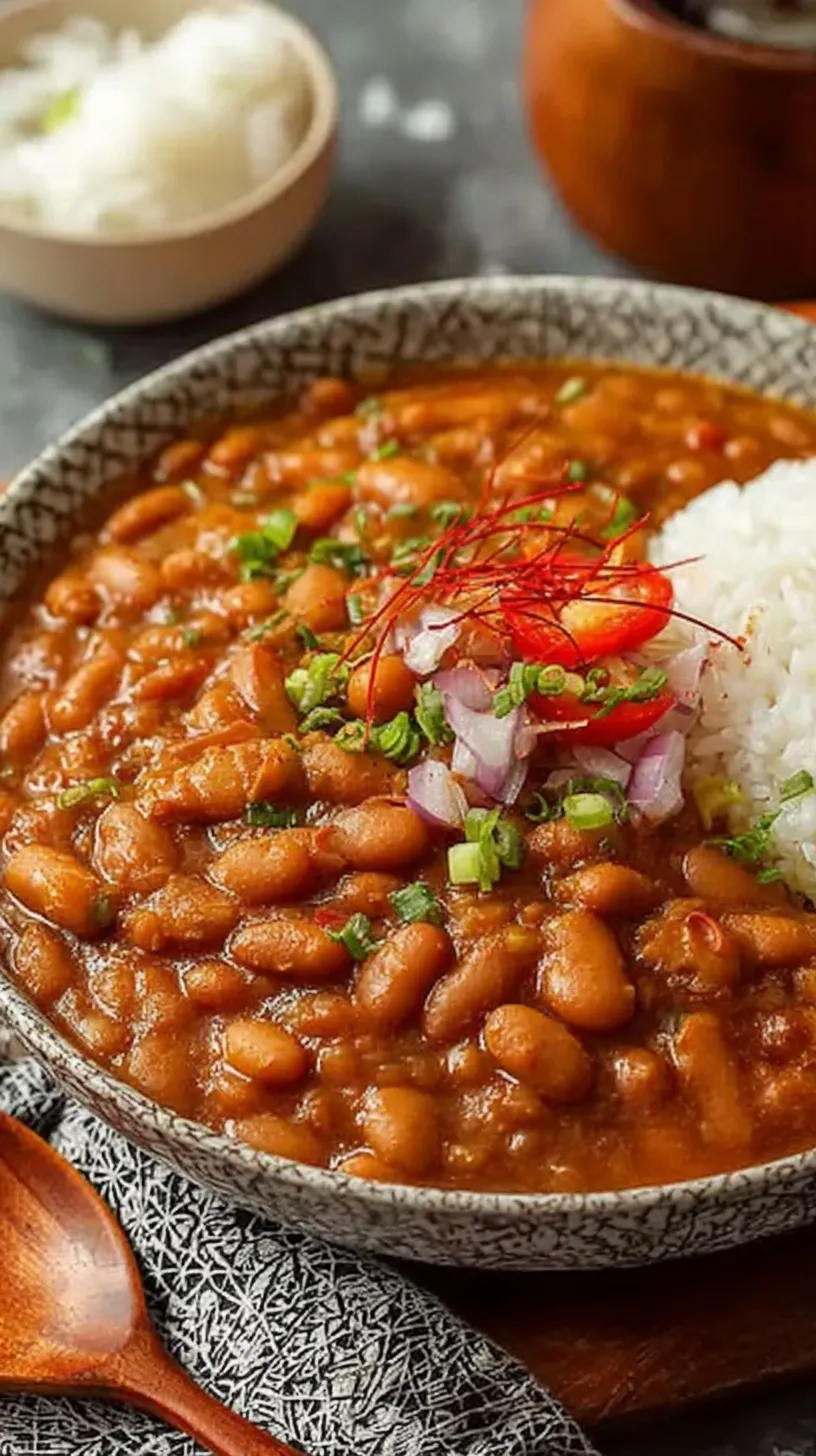 A steaming bowl of Japanese pinto bean stew with carrots and shiitake mushrooms