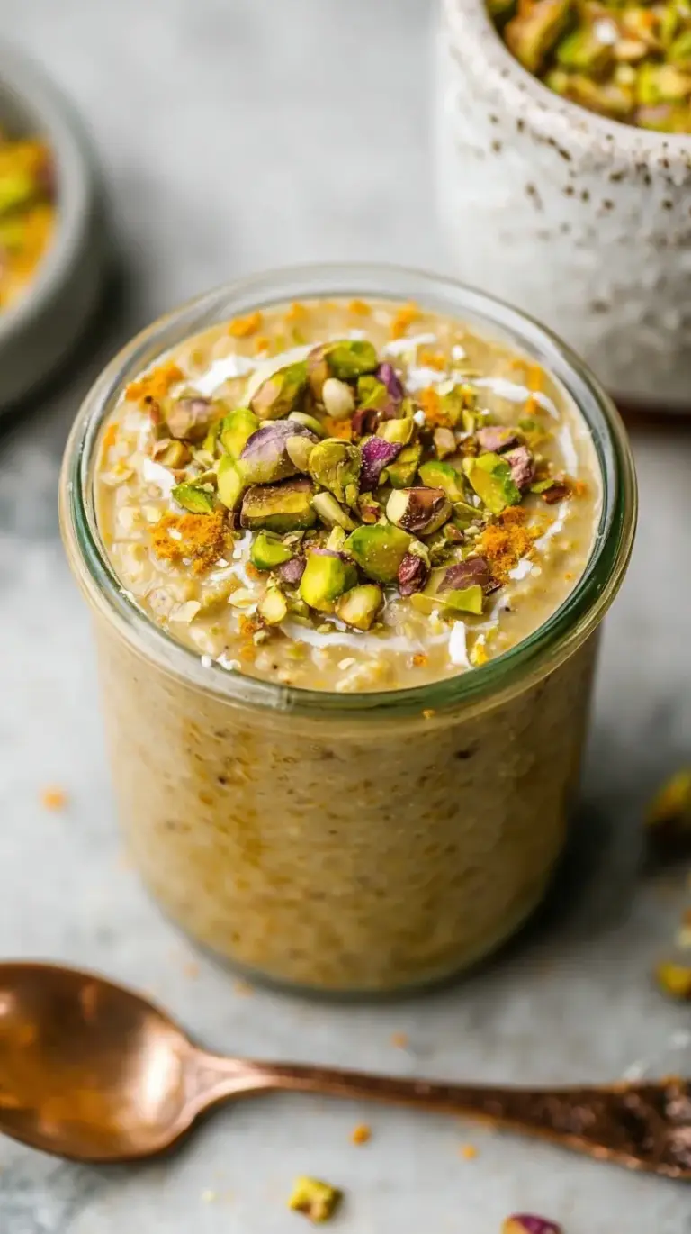 A glass jar filled with creamy pistachio overnight oats topped with chopped nuts and a drizzle of honey.