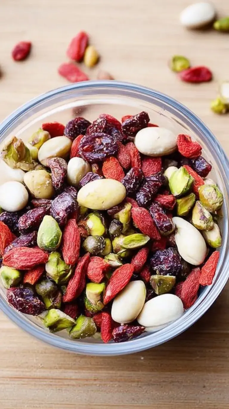 A glass jar filled with green pistachios, dark chocolate chips, and dried red cranberries.