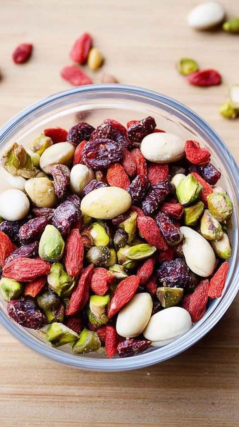 A glass jar filled with green pistachios, dark chocolate chips, and dried red cranberries.