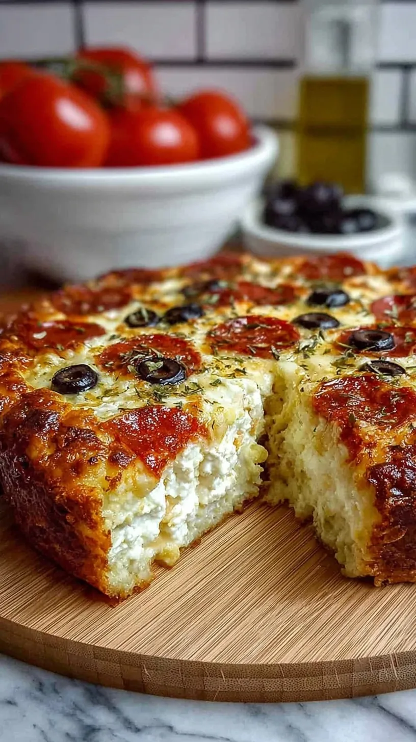 A golden-brown baked cottage cheese pizza with melted mozzarella and mini pepperoni slices in a square dish.