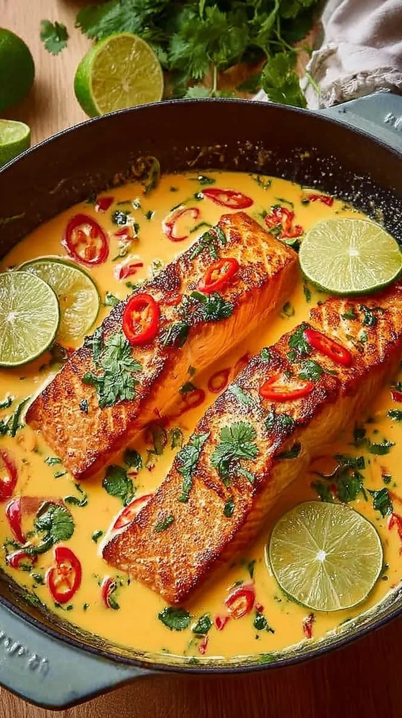 A pan of golden poached salmon in a creamy white coconut sauce with lime and cilantro