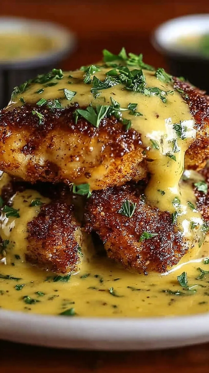 Golden brown pretzel-crusted chicken breasts sliced on a plate with creamy yellow cheese sauce drizzled over the top.