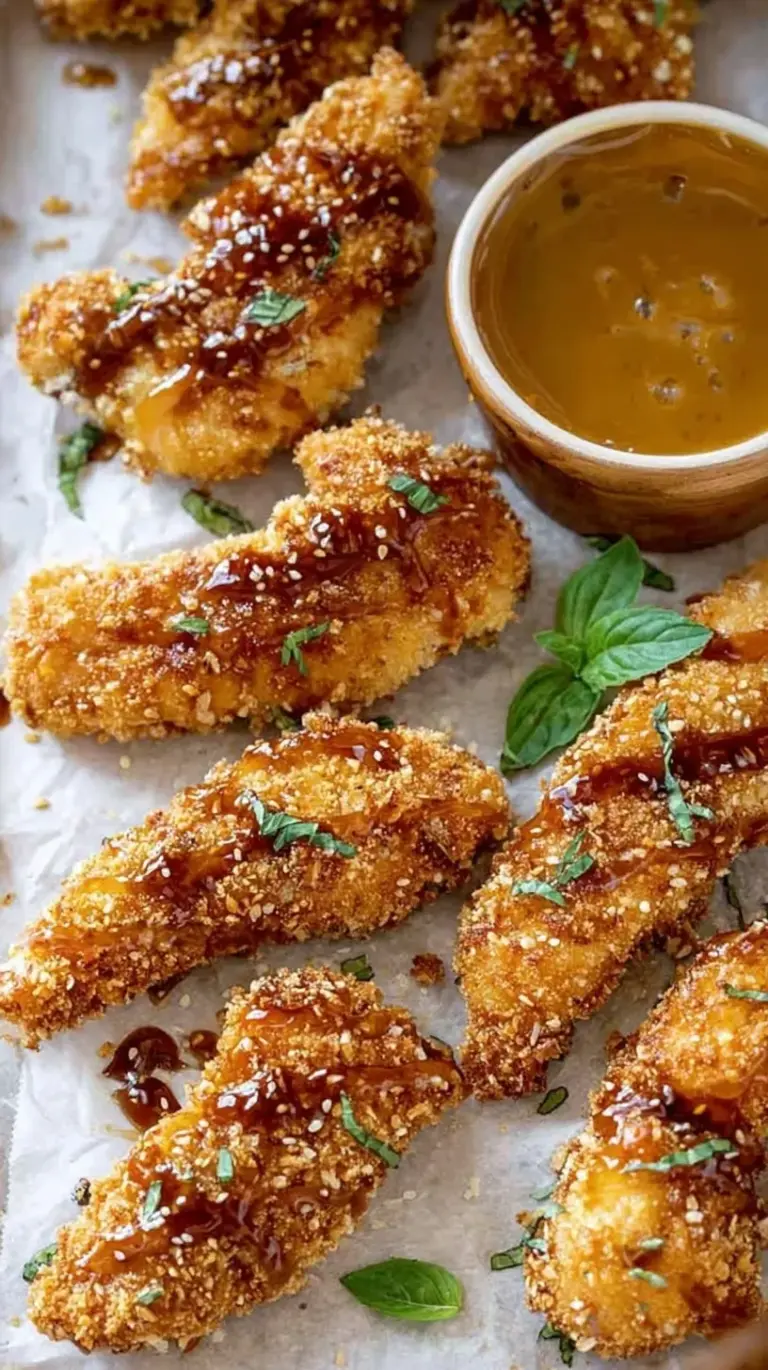 Golden brown pretzel crusted chicken fingers served on a parchment lined baking sheet with dipping sauce.