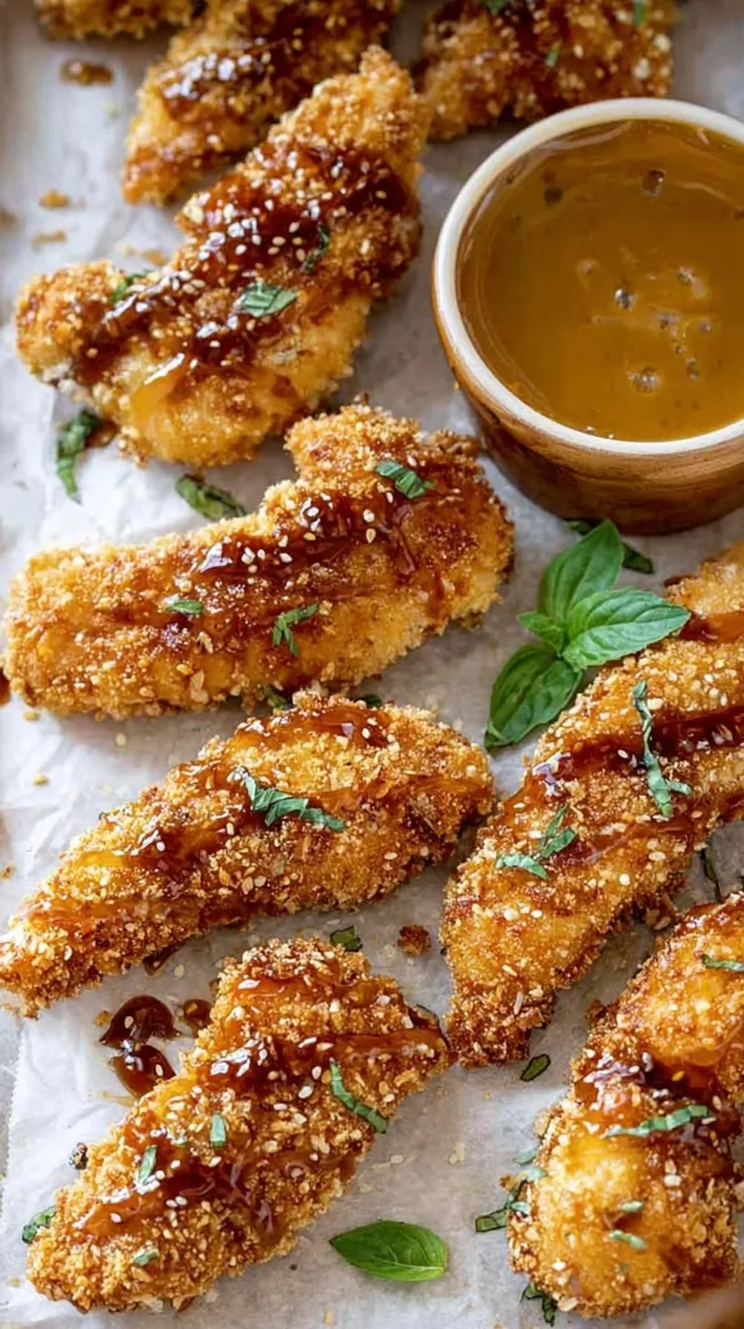 Golden brown pretzel crusted chicken fingers served on a parchment lined baking sheet with dipping sauce.