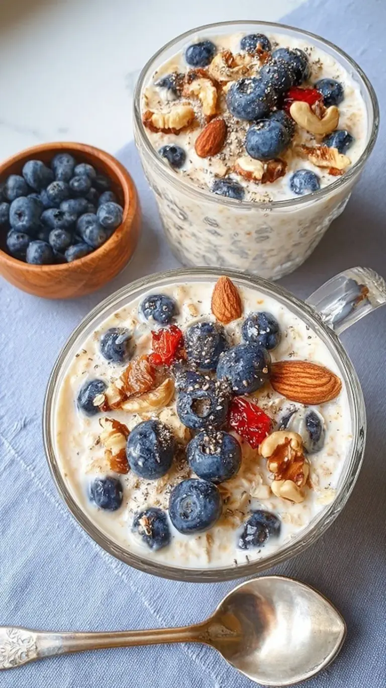 A creamy bowl of overnight oats topped with fresh berries and chopped nuts on a light wooden table.