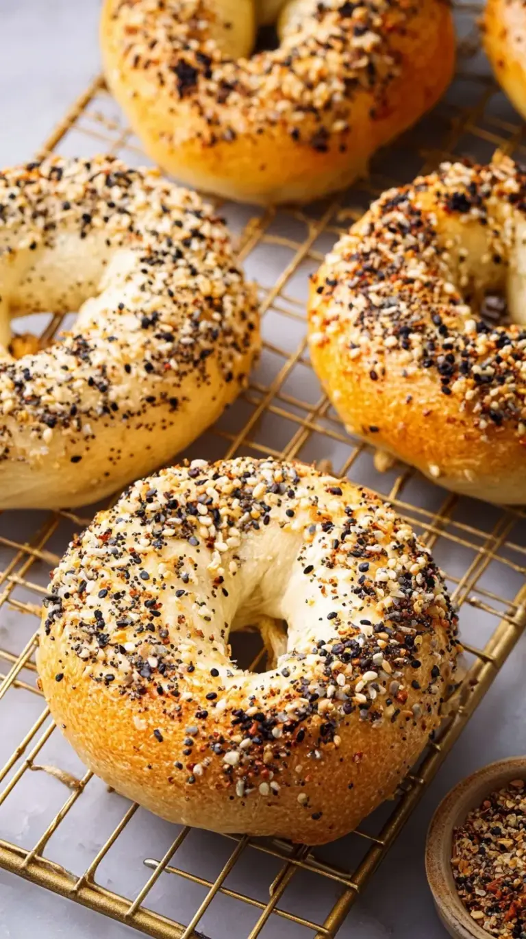 Golden brown Greek yogurt bagels topped with everything seasoning on a baking sheet.