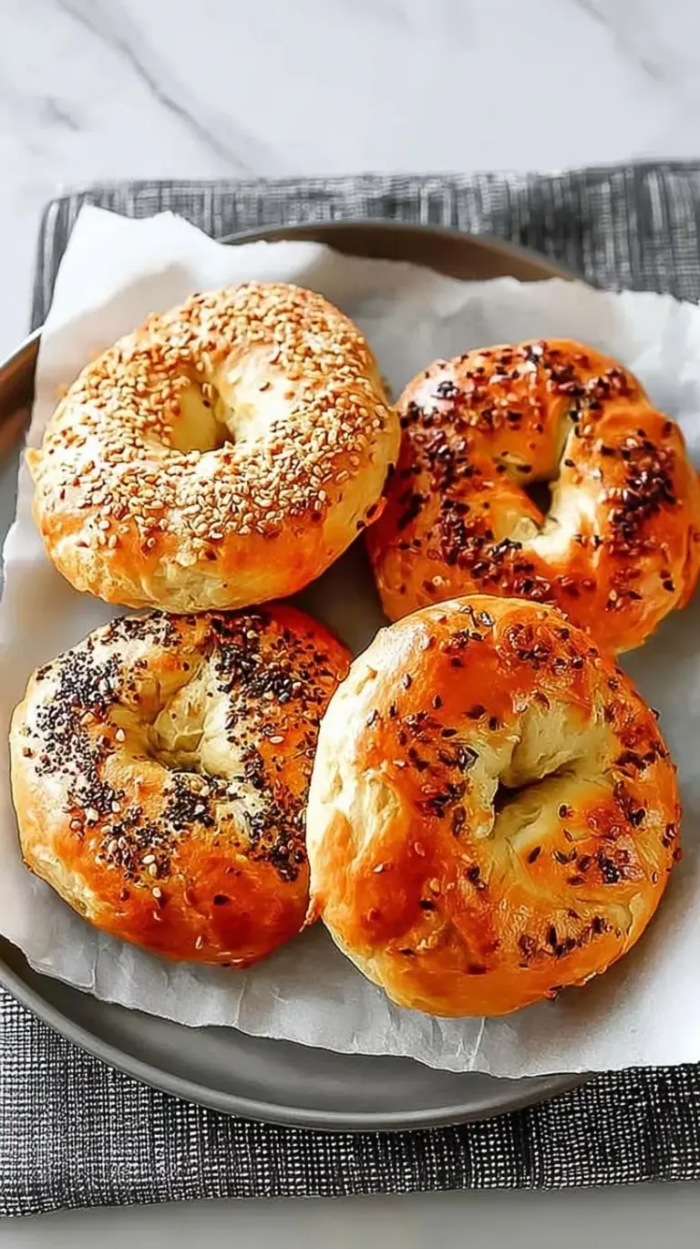 Four golden brown air fryer bagels topped with everything seasoning on a wire rack
