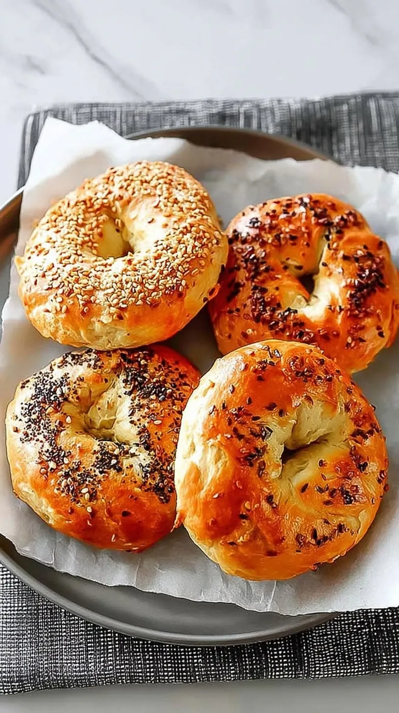 Four golden brown air fryer bagels topped with everything seasoning on a wire rack