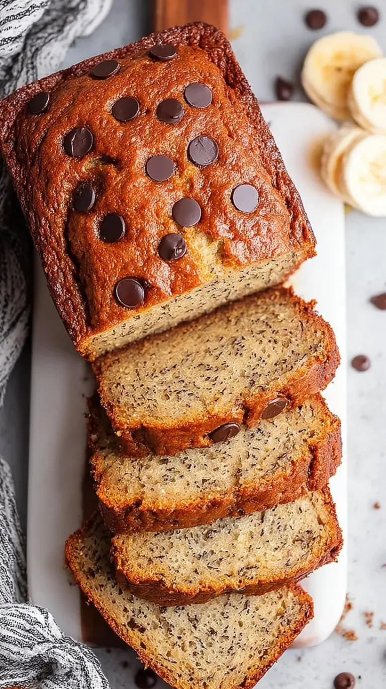 A sliced loaf of moist protein banana bread on a wooden board with fresh bananas nearby