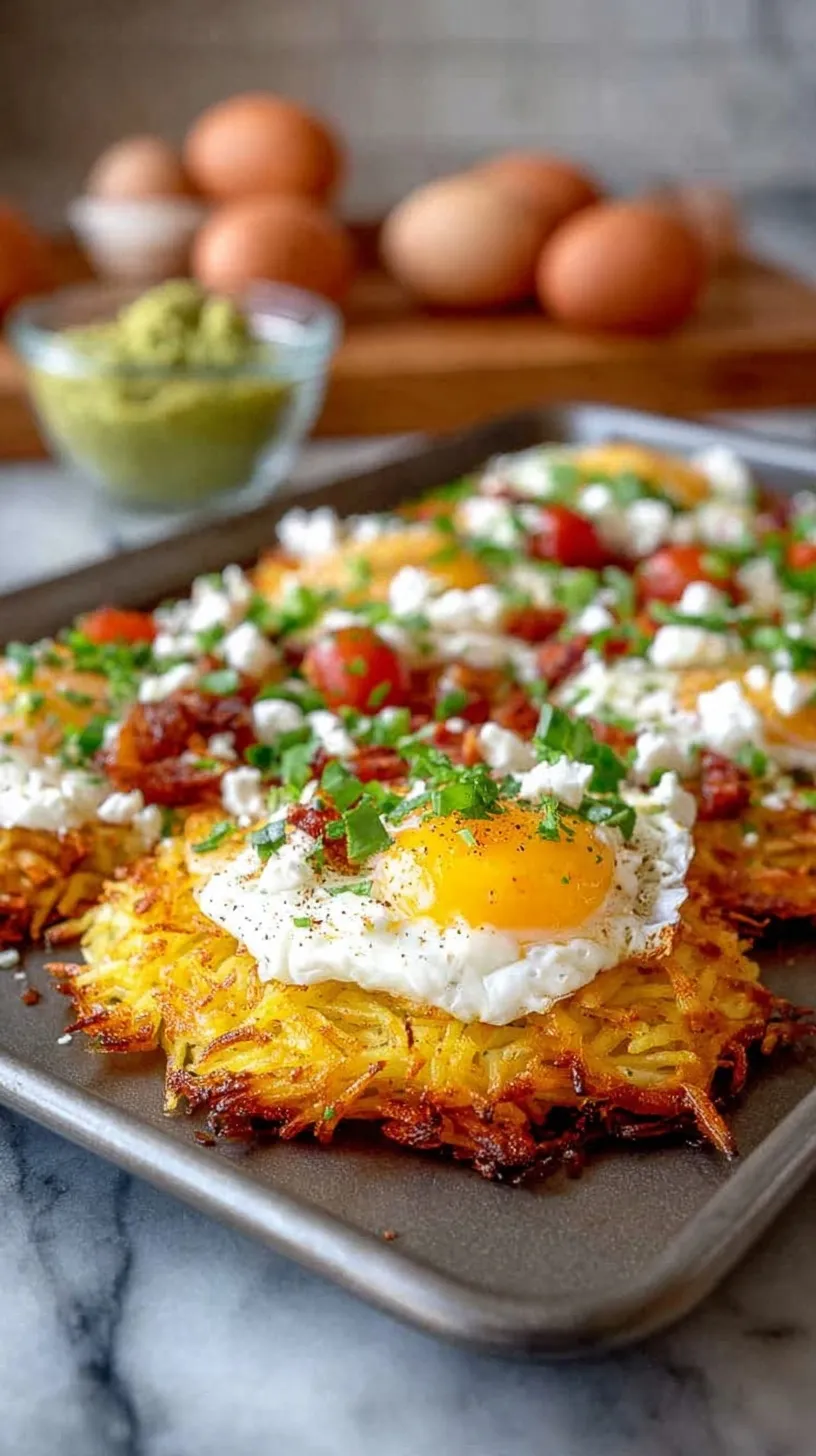 A golden brown skillet of protein breakfast hash browns with melted cheese and fresh chives.