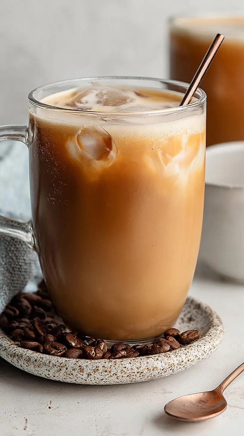 A tall glass of creamy iced protein coffee with ice cubes and a metal straw.