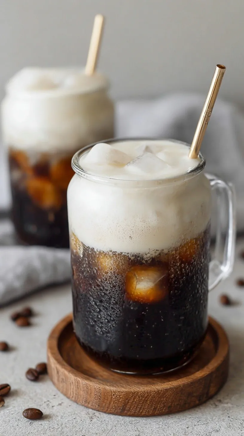 A tall glass of iced coffee topped with a thick layer of cascading vanilla protein cold foam.